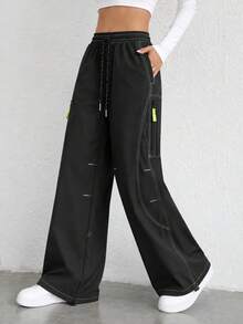 Women's Black Cargo Pants With Wide Leg, Drawstring Elastic Waist, Contrast Stitching, Zipper Pockets And Adjustable Hems - Black - View 10