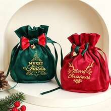 Christmas Velvet Drawstring Pouch With Bow And Bell, Gold Foil Gift Bag, Christmas Eve Apple Bag, Candy Storage Bag, Holiday Gift Packaging Bag, Drawstring Elastic Bag, Holiday Party Favor Bag - Multicolor - View 1