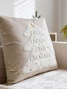 1pc Khaki Christmas Tree Embroidered Pillow Case, Christmas Falala Pillow Cover, Suitable For Indoor Decoration, Christmas Decoration, All-Season Pillow Case, Without Insert - Khaki - View 6