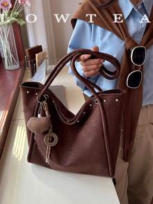 low tea 1pc Minimalist Suede Fabric Shoulder Tote Bag, Suitable For Commuting, Shopping, Etc. (With Pendant) - Coffee - View 12
