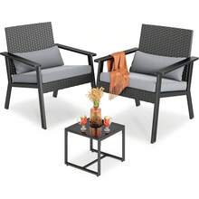 Juego de muebles pequeños de mimbre para patio al aire última intervensión de 3 piezas con mesa de vidrio para balcón, porche y jardín (gris) - Gris - Ver 1