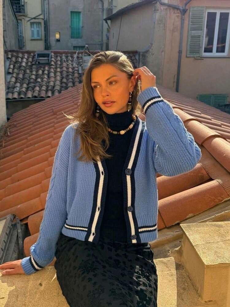 Contrast Trim Ribbed Knit Cardigan, Button Front, Long Sleeve, Slim Fit, Blue Sweater Cardigan For Women, Casual Fall Layering Top - Blue - View 2