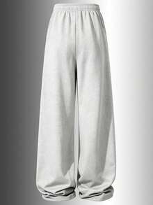 Women's Casual Knitted Wide Leg Sweatpants, Long Loose Straight Leg Elastic Waist Drawstring Pockets, Soft Daily Home Pants, Sweatpants, Spring/Autumn - Light Grey - View 6