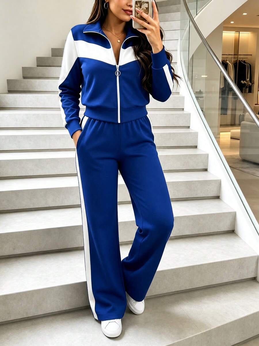 2pcs/Set Women's Fashionable & Comfortable Contrast Color Splice Sportswear Jacket & Casual Pants Set, Spring/Autumn Elegant - Blue - View 1
