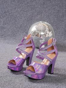 Women's Ultra High Heel Sandals Summer New Style Chunky Heel High Platform Thick Sole Dance Runway Fashion Shoes - Lilac Purple - View 6