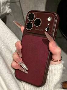 Luxury Litchi Texture Faux Leather Phone Case With Large Window, Suitable For 17 Pro Max, 17 Pro, 17, 16 Pro Max, 16 Pro, 15 Pro Max, 15 Pro, 13 Pro Max, 14 Pro, 16, 15, 14, 13, Lens Protection, Shock-Resistant Back Cover - Retro Red - View 2