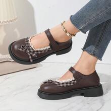 New Brown Vintage Mary Jane Shoes For Women, Round Toe Thick Sole Comfortable And Durable, One-Strap Hook And Loop Design Easy To Put On And Take Off, Plaid Lace Trim With Bow Decoration, Preppy Style Versatile Shoes, Suitable For Students Daily Commute - Brown - View 6