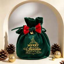Christmas Velvet Drawstring Pouch With Bow And Bell, Gold Foil Gift Bag, Christmas Eve Apple Bag, Candy Storage Bag, Holiday Gift Packaging Bag, Drawstring Elastic Bag, Holiday Party Favor Bag - Multicolor - View 4