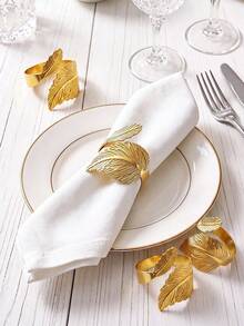 2-24pcs Leaf-Shaped Gold Napkin Rings, Shiny Metal Napkin Holders Table Decor, Fashion Autumn Napkin Rings Bulk Pack, Suitable For Christmas, Easter, Wedding, Party, Elegant Table Setting Gift Idea - Silver - View 2