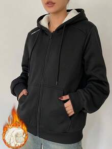 Women's Warm Fleece Lined Hooded Zip-Up Jacket, Winter Sports Fitness Cycling Running & Casual Wear Outerwear - Black - View 10
