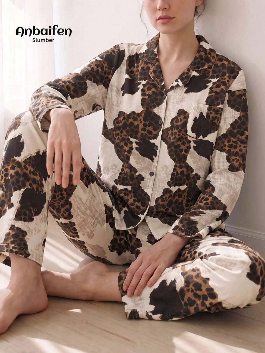 2pcs/Set Women's Pajamas Loungewear Set, Lapel Leopard Print Long Sleeve Top Pants, Easy Care Fabric - Multicolor - View 1