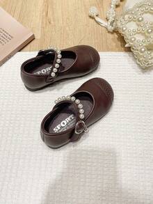 Children's Vintage Woven PU Shoes, Girls' Pearl Hook & Loop Soft Sole Princess Shoes For Party And Performance - Brown - View 2