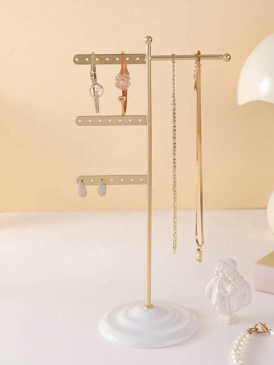 1pc Metal Jewelry Stand, Multi-Functional Jewelry Display Rack, Can Store Necklaces And Earrings Simultaneously, Gold Frame With White Base, Simple And Beautiful, Earring Holder Necklace Rack, Ideal Gift For Women, Perfect Desktop Jewelry Display Stand - Multicolor - View 1