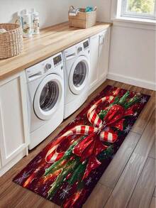 Christmas Design Welcome Doormat, Holiday Candy Cane, Bow And Gift Pattern, Machine Washable Polyester Material, Non-Slip Backing, Suitable For Bathroom, Living Room, Bedroom, Kitchen, Office Decoration, Holiday Doormat | Holiday Welcome Doormat | Polyester Doormat - A - View 9
