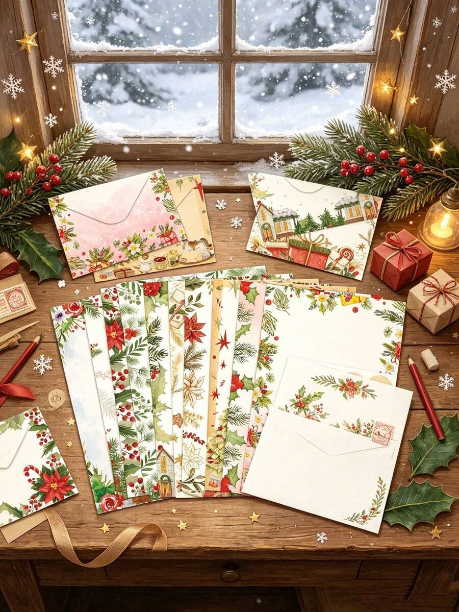 1set Christmas Envelope Decorative Christmas Writing Paper Matching Envelopes Sealing Stickers, Watercolor Holly Letter Paper (Gift Box Packaging) - Multicolor - View 1