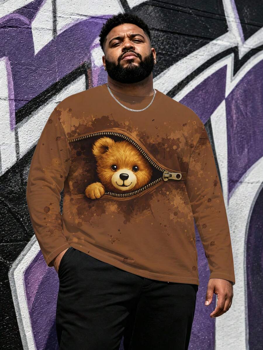 Men's Plus Size Cartoon Cute Fun Round Neck Long T-Shirt, Polyester Knit Fabric Comfortable Breathable, Fashion Street "Fun Zipper Bear" Pattern, Fun Design Fresh Series, Novel Personalized Top - Multicolor - View 1