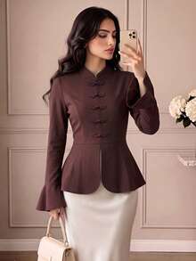 Women's Autumn Dark Brown Stand Collar Frog Button Flared Sleeve Ruffle Hem Top, Back Tie Waist, Elegant Date & Commute Outfit - Coffee Brown - View 1