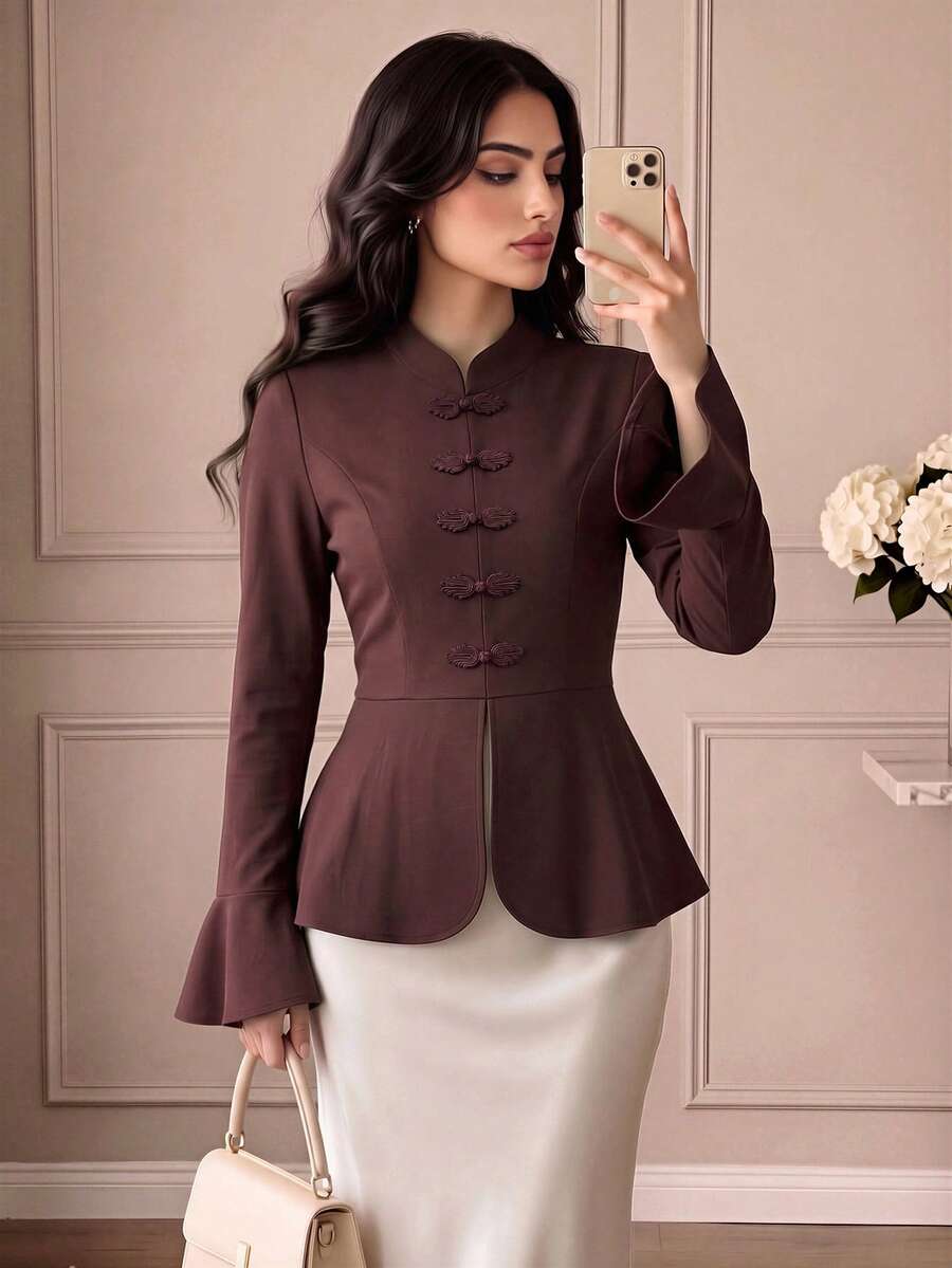 Women's Autumn Dark Brown Stand Collar Frog Button Flared Sleeve Ruffle Hem Top, Back Tie Waist, Elegant Date & Commute Outfit - Coffee Brown - View 1