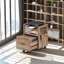 Archivadoróvil bajo escritorio con cajón amplio, mueble organizador de 20 pulgadas para oficina en casa, cuenta con estante de vidrio templado y 4 ganchos para guardar accesorios y documentos - Café integral - Ver 4
