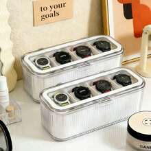 1pc 4-Slot Watch Storage Box, Dust-Proof Transparent Visible Space-Saving Anti-Scratch Premium Thickened PET Plastic Watch Display Organizer Box, Minimalist Modern Transparent Lid White Vertical Stripe Rectangular Hinge Flip Cover Removable Dividers Watch Bracelet Jewelry Storage Display Protection Box, Vanity Bedroom Daily Use Birthday Housewarming Father's Day Gift - Multicolor - View 8