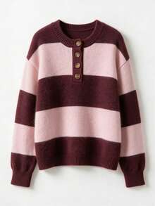 Colorblock Button Half-Placket Long Sleeve Drop Shoulder Pullover Sweater - Pink - View 8