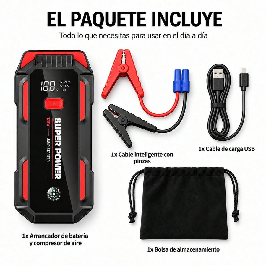 Cargador de batería de coche multifuncional, banco de energía, arrancador portátil, salvavidas de coche cuando el motor se apaga - Rojo - Ver 1