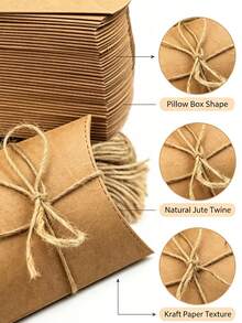 50 buah Kotak Permen Bantal Kertas Kraft, Kotak Hadiah Lipat dengan Tali Rami 20m, Cocok untuk Penyimpanan Perhiasan, Pernikahan, Ulang Tahun, Liburan, dan Acara Lainnya. - Kotak Kemasan Bantal Bulan Ganda - View 4