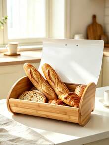 Bread Box With White Roll Top Lid, Large Capacity Food Storage Bin, Farmhouse Kitchen Countertop Bread Keeper, Vintage Bread Container For Loaf, Baguette, Croissant, Home Kitchen Food Storage Organizer, Rustic Kitchen Decor - View 1