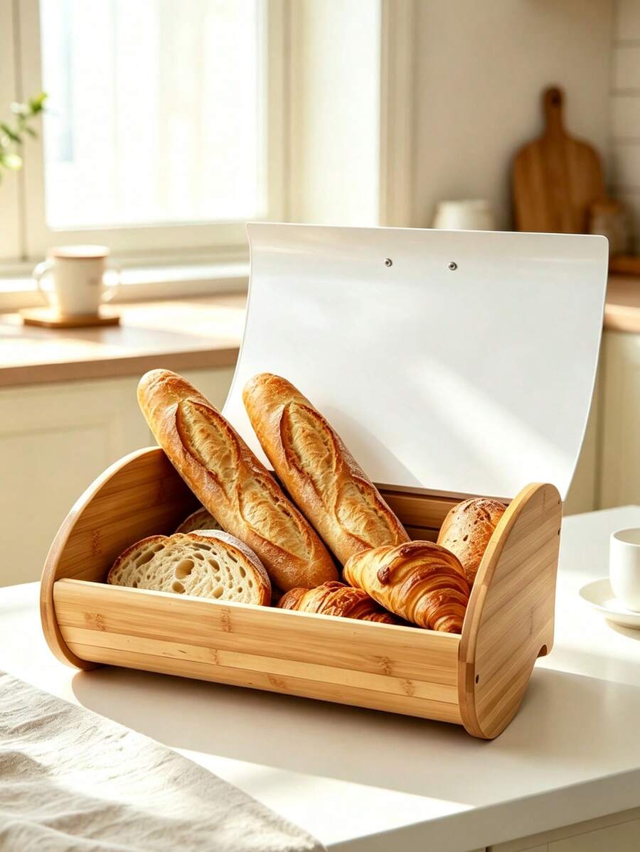 Bread Box With White Roll Top Lid, Large Capacity Food Storage Bin, Farmhouse Kitchen Countertop Bread Keeper, Vintage Bread Container For Loaf, Baguette, Croissant, Home Kitchen Food Storage Organizer, Rustic Kitchen Decor - View 1