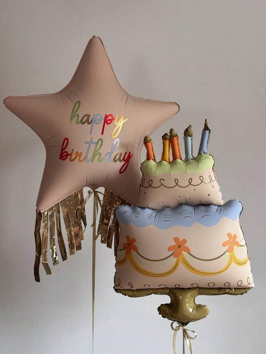 2pcs/Set Pink Tassel Birthday Star Foil Balloon Set, Main Birthday Party Decoration Balloons, Indoor Room Decor, First Birthday Decoration Balloons - Birthday - View 1