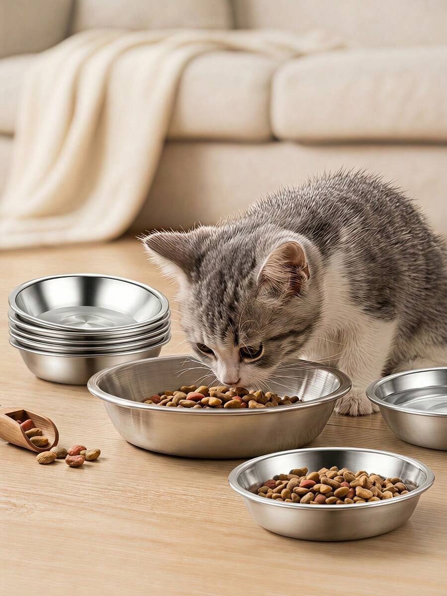 PETSIN 1/2/5 buah Mangkuk Kucing Stainless Steel, Mangkuk Makanan & Air Hewan Peliharaan Dangkal Lebar 5,9 Inci, Mudah Dibersihkan, Untuk Kucing & Anjing Kecil