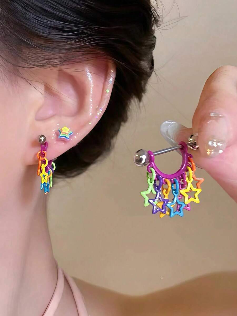 1pc 0.8mm Thin Stem 316L Stainless Steel Star Pendant Earring, Multi-Color Internal Thread Flat Back Screw Stud, Cartilage Lobe Piercing Jewelry, Women's Y2K Style Single Earring - Silver - View 1