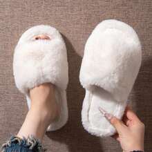 Women's Autumn/Winter Fuzzy Slippers, Slouchy Solid Color Faux Rabbit Fur One-Strap Slides, Soft Comfortable Versatile Warm Open Toe Non-Slip Rubber Sole - White - View 2