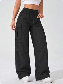 Women's Black Drawstring Waist Wide Leg Cargo Pants With Large Flap Pockets Casual Relaxed Fit Trousers For Daily Wear - Black - View 2