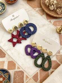 Betykuku 4 Pairs Bohemian Colorful Bamboo Woven Geometric Pendant Earrings Set - 4 Pairs Of Bamboo Woven - View 3
