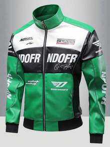 Men's Colorblock Racing Leather Jacket With Stand Collar, Zipper, Letter Print, Hip-Hop Street Style Motorcycle Riding Jacket, Suitable For Spring And Autumn - Army Green - View 4