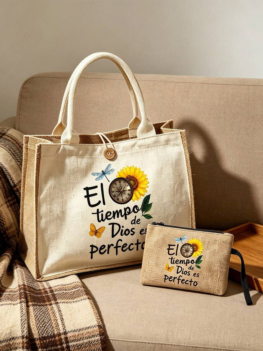 Spanish Bible Quote Linen Tote Bag Set, Watercolor Vintage Handwritten ...