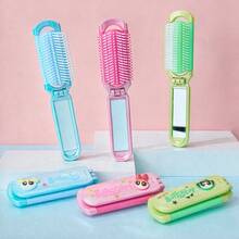 Miniso The Powerpuff Girls 2-In-1 Folding Hairbrush With Built-In Mirror, Portable Pocket Air Cushion Massage Comb, Suitable For Girls' Travel And Daily Use - Multicolor - View 1