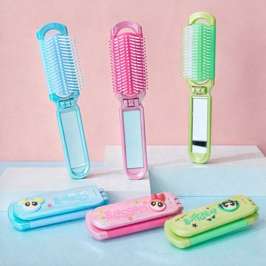 Miniso The Powerpuff Girls 2-In-1 Folding Hairbrush With Built-In Mirror, Portable Pocket Air Cushion Massage Comb, Suitable For Girls' Travel And Daily Use - Multicolor - View 1