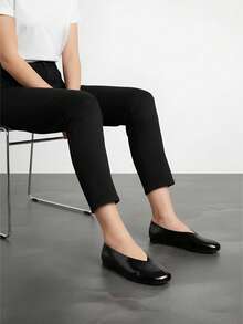 Metallic V-Cut Ballet Shoes, Plus Size Wide Fit Round Toe Slip-On Daily Shoes - Black - View 3