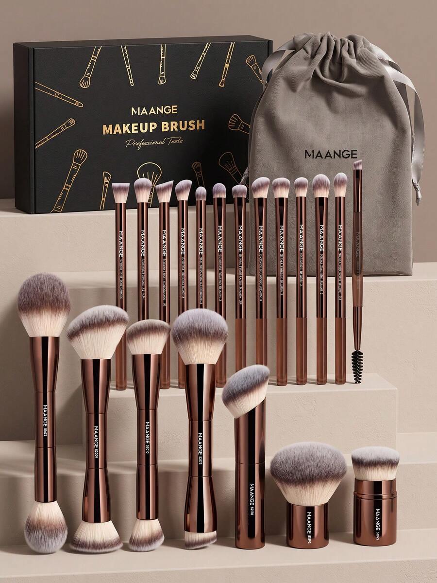 MAANGE 20件組專業鋁管化妝刷套組(底妝刷、蜜粉刷、腮紅刷、修容刷、高光刷、睫毛刷、眉刷、唇刷、眼線刷、鼻影刷)+收納袋,化妝工具,適合女性與女孩的禮物 - 棕色 - 查看 1