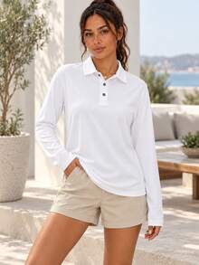 AODSR Women's White Long Sleeve Polo Top, Classic Fit Collared Shirt For Golf, Workout, Travel And Everyday Wear. - White - View 8