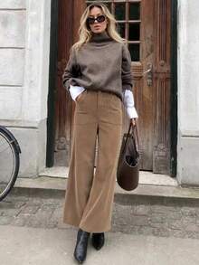 Women's High Waist Corduroy Wide Leg Pants, Single Button Zipper Fly, Square Patch Pockets, Solid Color Casual Long Pants - Khaki - View 4