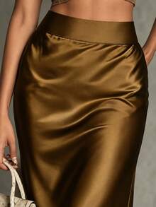 Women's High Waist Satin Skirt, Elegant Silky Drape Mermaid Long Skirt, Solid Color Pleated Flowy Hem, Suitable For Banquet, Wedding Guest, Daily Commute - Golden Brown - View 5
