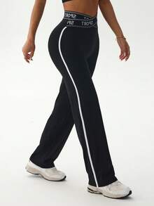 Hidkat Women's Solid Color High Waist Letter Cross Strap Yoga Casual Sports Knit Flare Pants - Black - View 5