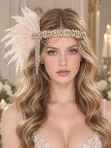 Women's 1920s Style Feather Headband, Beaded Rhinestone Hair Accessory, Chain Tassel Vintage Hair Hoop, Suitable For Wedding Party, Halloween Costume, Prom - Multicolor - View 9