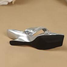 Silver Bow Square Toe Low Heel Slide Sandals PU Leather Bow Party Holiday Outdoor Wedding - Silver - View 4