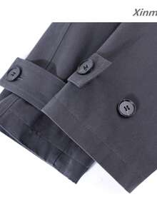 Korean Style Relaxed Fit Button Long Sleeve PU Leather Collar Trench Coat For Commuting And Vacation - Dark Grey - View 6
