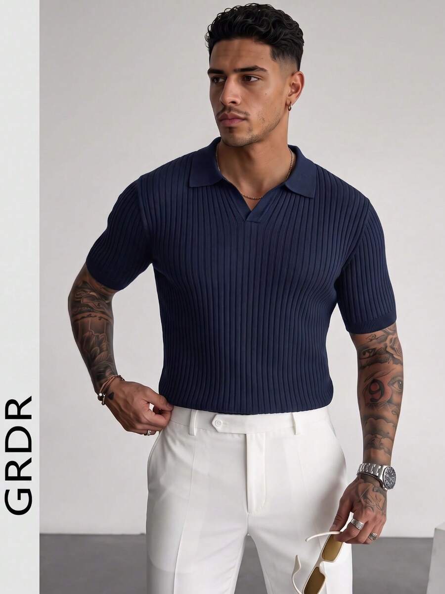 GRDR Men's Summer Solid Color Polo Collar Short Sleeve Knit Sweater, Suitable For Summer Outings, Essential For Fashionable Styling
