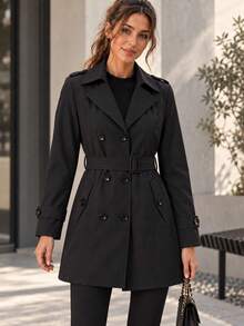 AODSR Women's Black Double-Breasted Trench Coat With Adjustable Belt, Lapel Collar And Pockets For Work And City Wear. - Black - View 10
